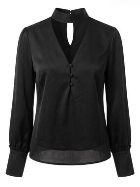 essue Black Keyhole High-Neck Blouse with Button Placket